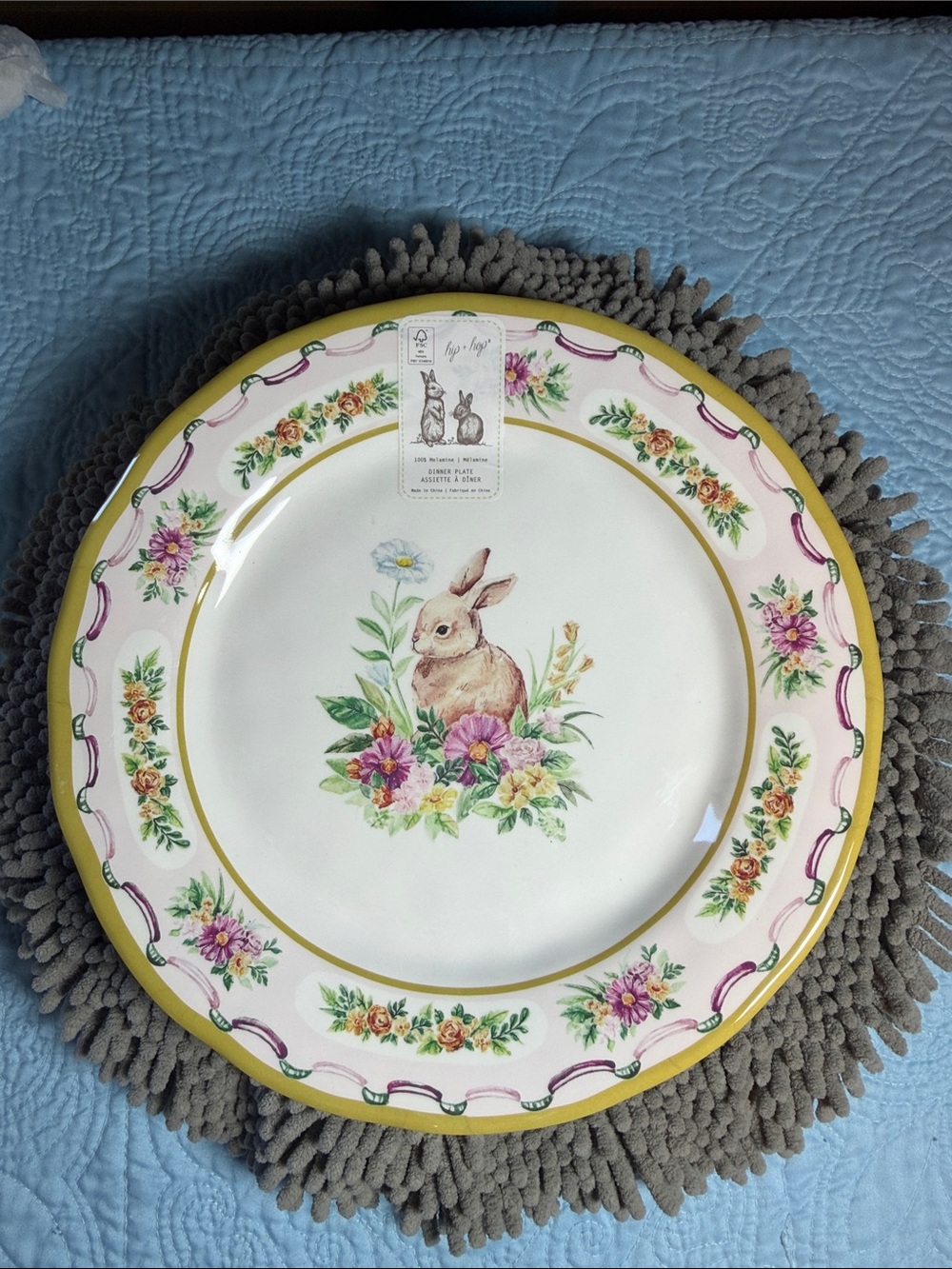 Melamine Dinner Plate - Yellow Floral Bunny Design Set of 6 Plates - Picture 4 of 5